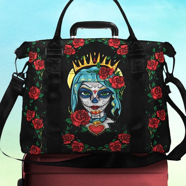 Sac de voyage Santa Muerte et roses rouges, bagage à main en nylon épais avec pochette accroche-valise, sac week-end coloré pour femme