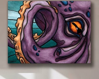 Giant octopus canvas print, underwater creature wall art, fantasy kraken painting for teenage beach room decor