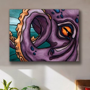 Tableau peinture pieuvre géante, art contemporain de monstre marin imprimé sur toile, peinture kraken fantasy pour décoration chambre ado image 1