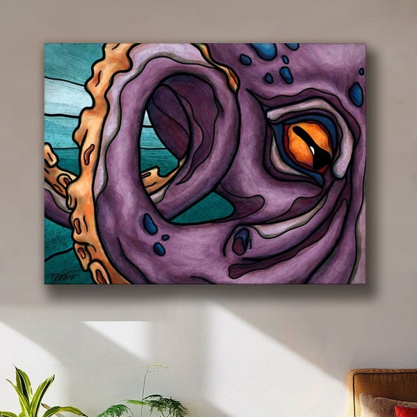 Tableau peinture pieuvre géante, art contemporain de monstre marin imprimé sur toile, peinture kraken fantasy pour décoration chambre ado