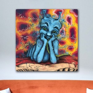 Dipinto raffigurante il bruco blu di Alice su un fungo, stampa artistica su tela psichedelica per decorazioni hippie e boho di Alice nel paese delle meraviglie, regalo per giovani adulti