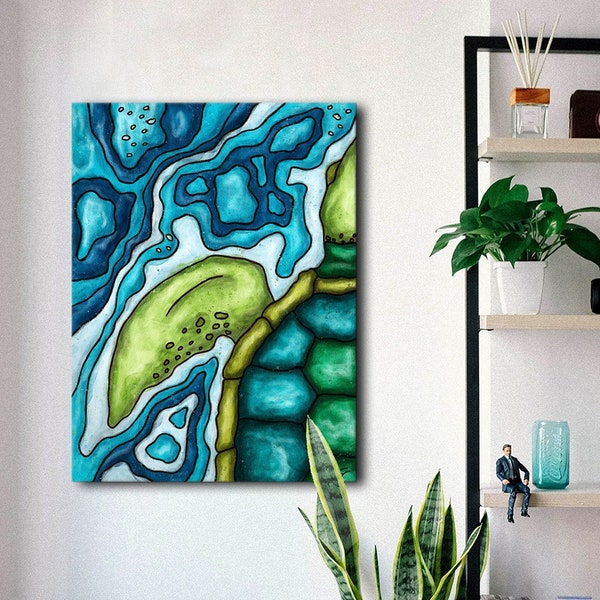 Tableau tortue de mer, Peinture tortue abstraite imprimée sur toile, Tableau contemporain coloré océan pour décoration maison de plage