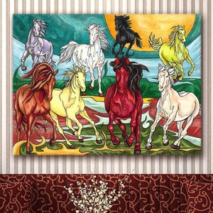 8 running horses painting printed on stretched canvas, Vibrant Contemporary Chinese Horse Wall Art for Feng Shui Home and Office Decor