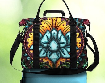 Blue lotus flower duffle bag, colorful women travel tote bag with trolley sleeve, unique spirituality floral weekender bag