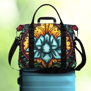 Blue lotus flower duffle bag, colorful women travel tote bag with trolley sleeve, unique spirituality floral weekender bag