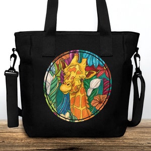 Tragetasche Giraffe mit Reißverschluss, Umhängetasche aus Nylon mit Henkel und langem Riemen für Damen, Tropische Tier-Brieftasche, Top-Verschluss