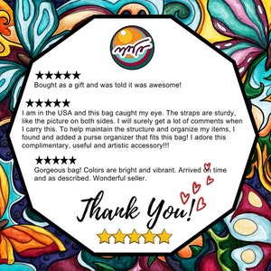 May include: Five star review for a colorful bag with vibrant colors. The review states "Bought as a gift and was told it was awesome!" and "Gorgeous bag! Colors are bright and vibrant. Arrived on time and as described. Wonderful seller." The review also includes the text "Thank You!" with five stars.