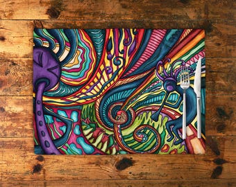 Kokopelli placemats sets of 1, 2, 4 or 6, colorful fabric place mat for dining table, artistic southwestern decor for music lover gift