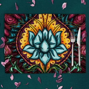 Lotus placemats set, colorful fabric place mats for dining table decor, spiritual dining mats for hippie room decor