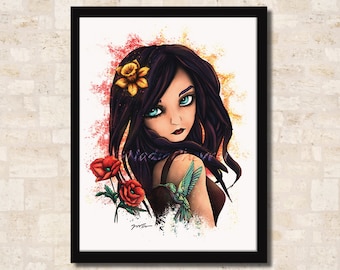 Young girl portrait anime style wall art, woman with hummingbird and poppy flowers art print, summer illustration for teen girl room decor