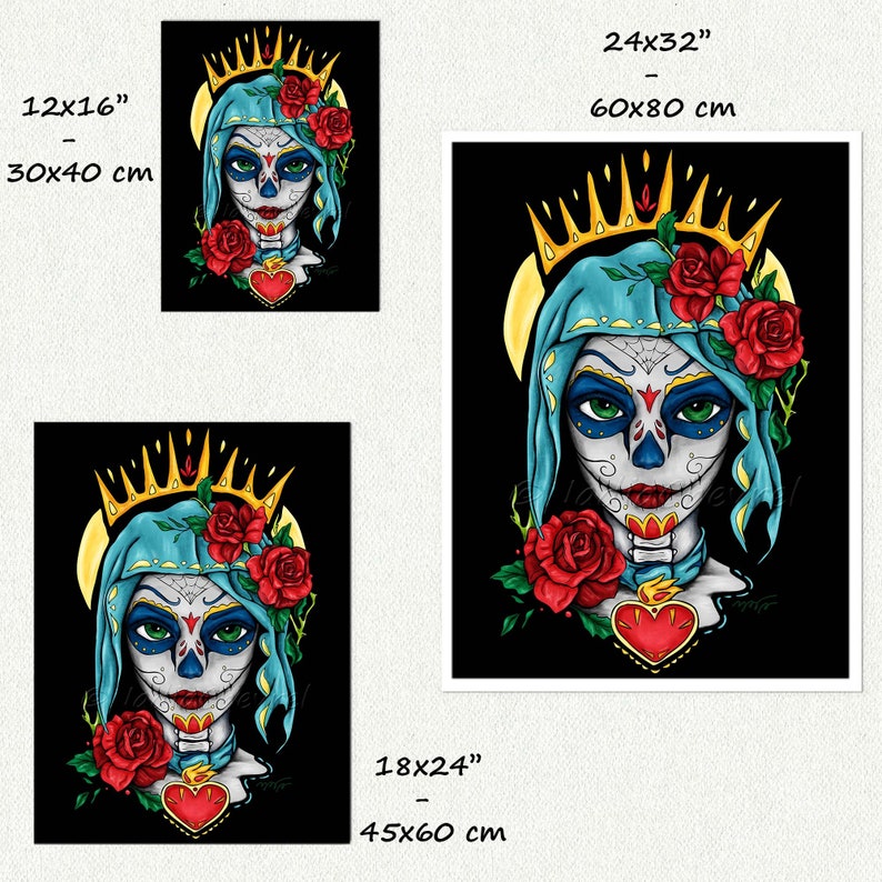 Impression portrait Santa Muerte , affiche jeune fille au maquillage de crâne en sucre, décoration mexicaine colorée pour Dia de los muertos image 2