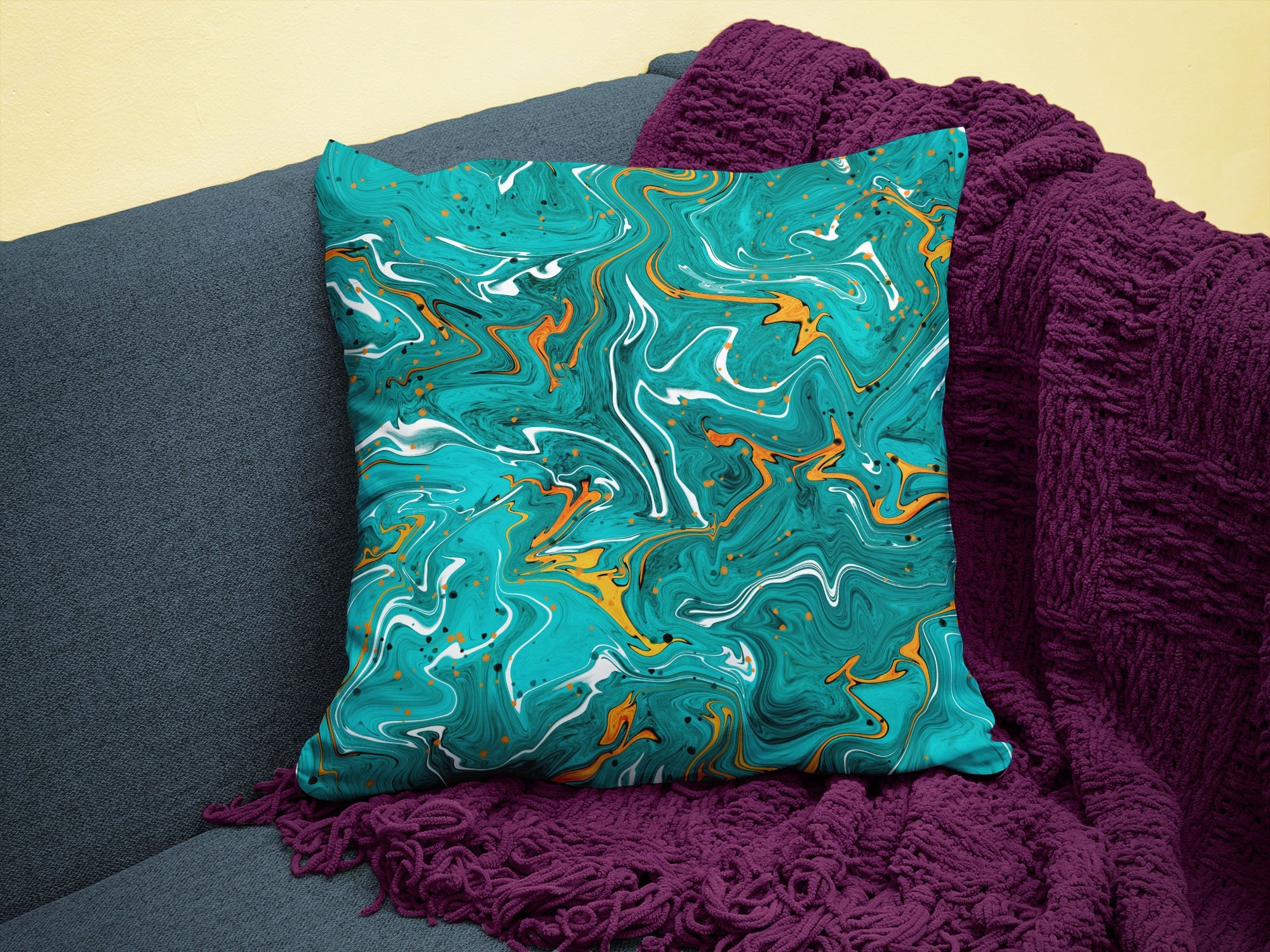 Housse Coussin Turquoise et Orange, Housse Carrée Imprimée avec Motif Marbré Abstrait, Décoration Co