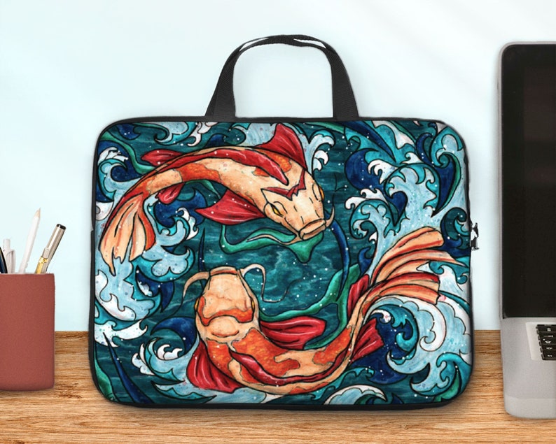 Sac ordinateur carpes koi, sacoche ordinateur de 10 à 17 pouces avec poignées, pochette poissons japonais pour idée cadeau utile homme image 1