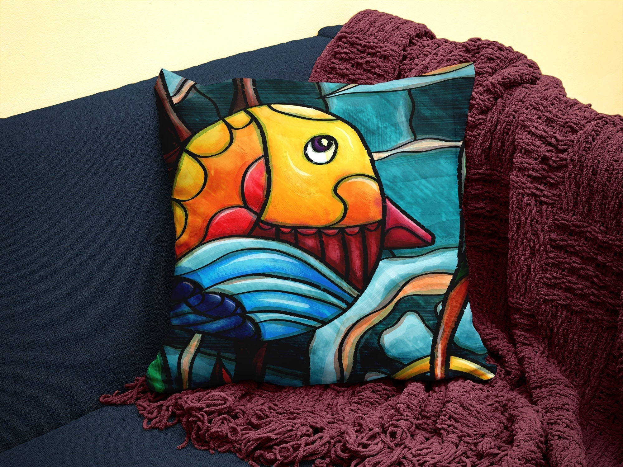 Housse Coussin Oiseau Cartoon, Housse Carrée Imprimée avec Peinture Art Naïf, Décoration Gaie et Col