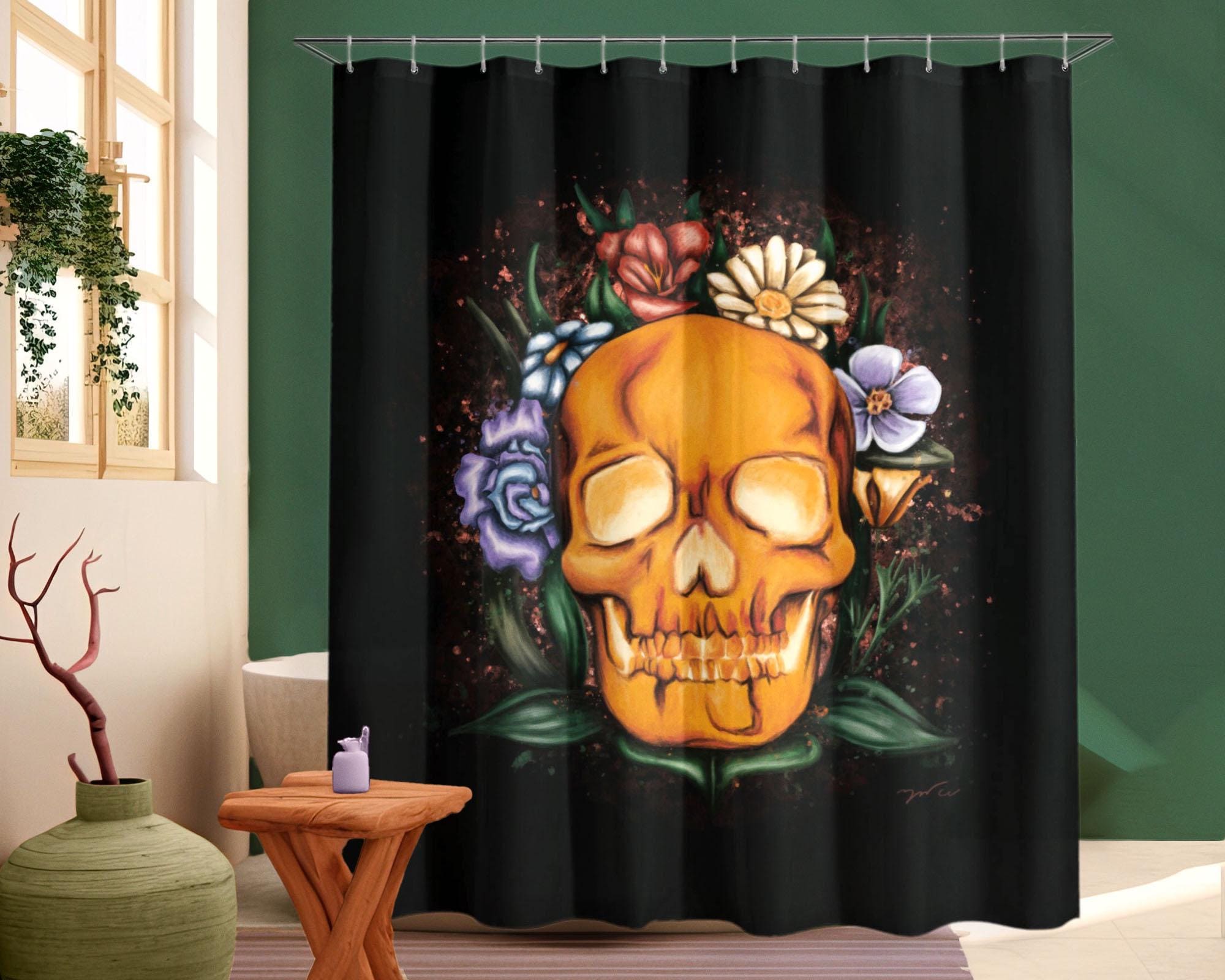 Halloween-Duschvorhang Von ZRUWUA – Mit Totenkopf- Und Schmetterlings-Motiv, Bunt, Gruselig-stylisch, 178x178 Cm, Polyester, Inkl. 12 Haken