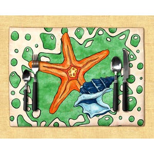 Juego de manteles individuales con forma de estrella de mar de colores, manteles con estampados de vida marina para una decoración de mesa náutica brillante, manteles individuales con forma de concha para una cena con temática del océano