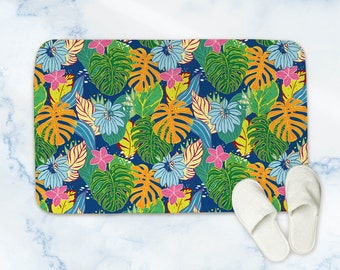 Hawaiian bath mat, palm leaves memory foam bath mat small or large, colorful botanical bathroom rug for tropical bath decor