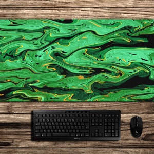 Emerald green XXL mousepad, bright marble textured mouse pad for laptop desk decoration, trippy keyboard mat for PC gamer setup decor image 1