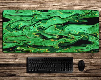 Tapis de souris XXL vert émeraude, tapis de bureau informatique imprimé motif texture marbrée, tapis souris gaming pour décoration colorée