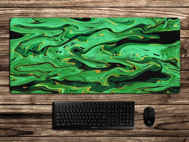 Emerald green XXL mousepad, bright marble textured mouse pad for laptop desk decoration, trippy keyboard mat for PC gamer setup decor image 1