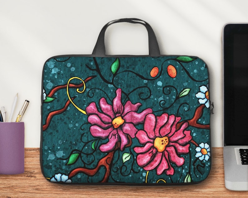 Floral laptop bag, laptop sleeve with handles, women computer case or neoprene tablet pouch from 10 to 17 inch image 1