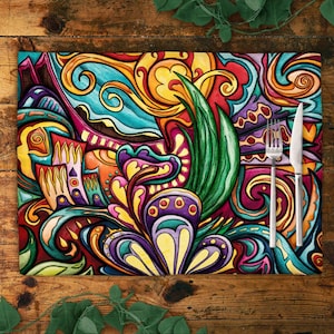 Abstract landscape art placemats set, colorful town printed placemats for groovy table decor, bright hippie gift for new home decor