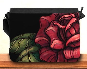 Dark red rose crossbody bag, Canvas messenger bag printed with goth flower art, fabric shoulder bag for women or alt girl gift idea