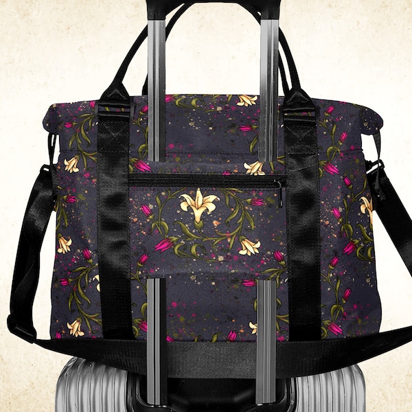 Victorian lily flowers duffle bag, Elegant travel bag with handles strap and trolley sleeve, vivid lily floral patterned overnight bag women