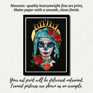 Impression portrait Santa Muerte , affiche jeune fille au maquillage de crâne en sucre, décoration mexicaine colorée pour Dia de los muertos image 3