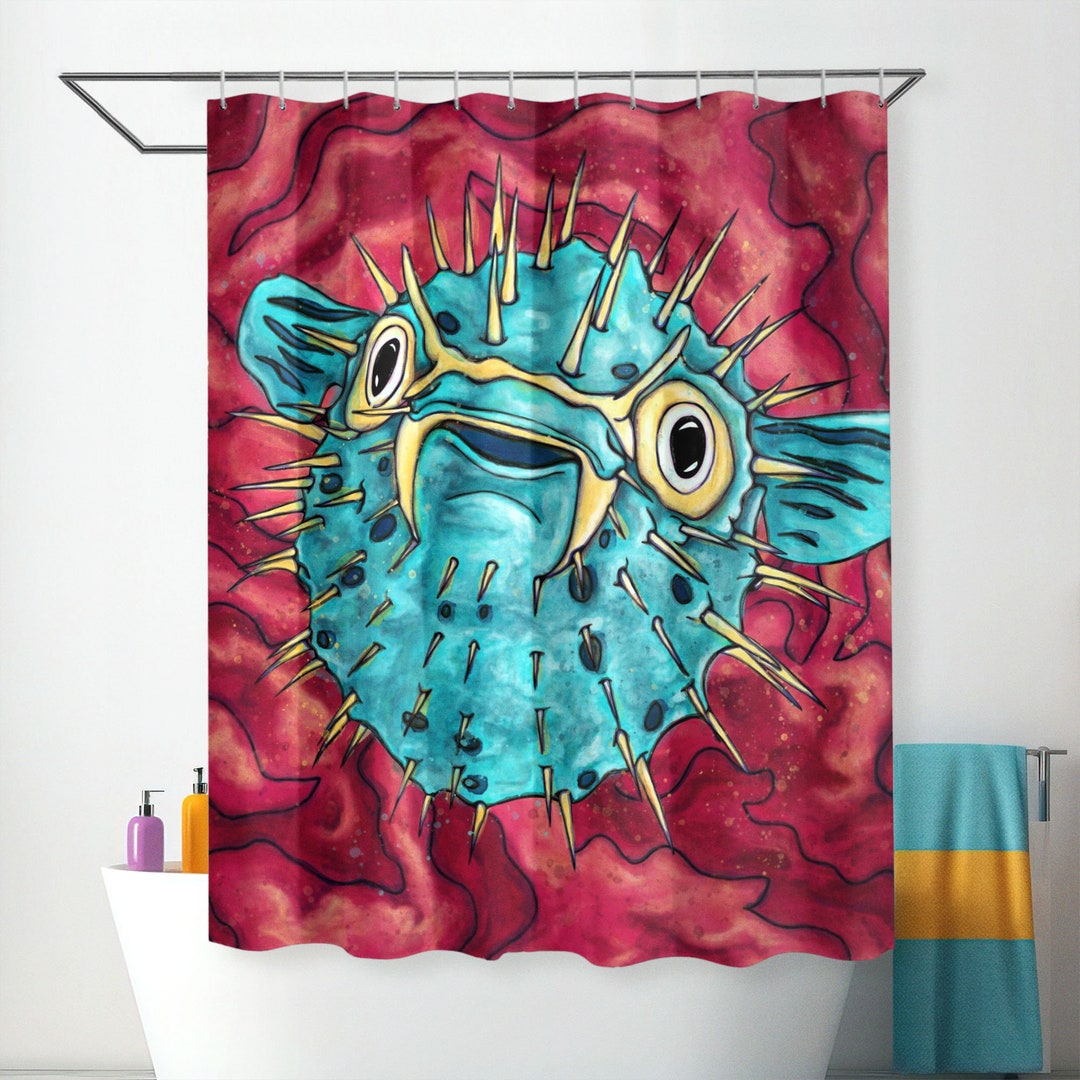 Pufferfish Shower Curtain Cute Fish Art Printed Bathtub or Etsy
