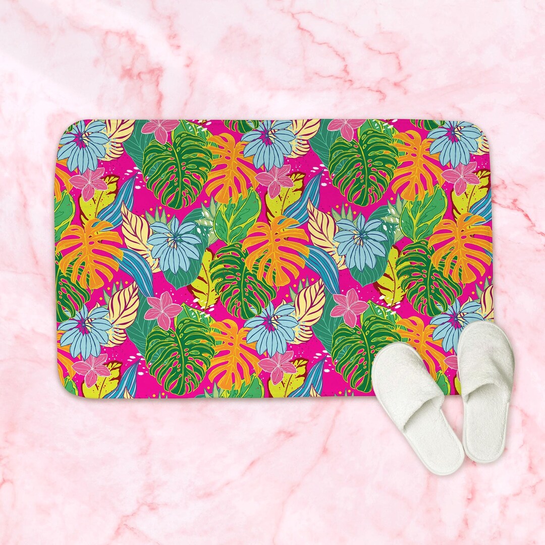 Hot Pink Tropical Bath Mat, Monstera Memory Foam Bath Mat Small or ...