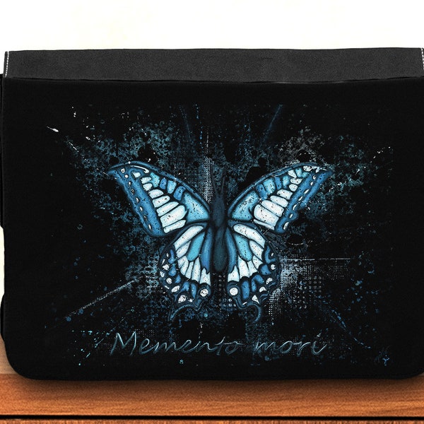 Sac à bandoulière papillon bleu, grand sac messenger imprimé peinture morpho bleu, besace goth multipoches pour adolescente ou jeune femme