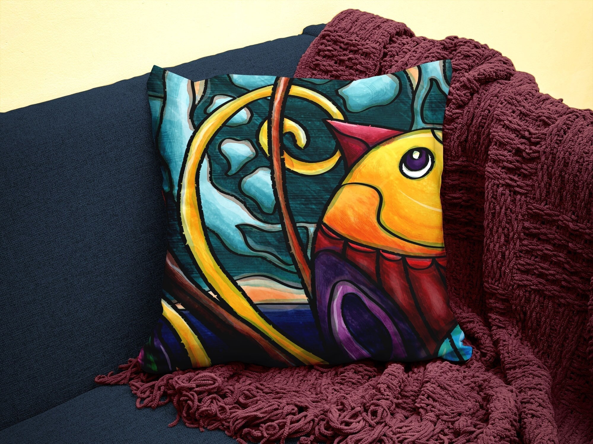 Housse Coussin Oiseau Doodle, Housse Carrée Imprimée avec Motif Dessin Animé, Décoration Gaie et Col