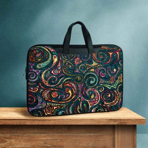 Ethnic abstract laptop sleeve with shoulder strap and handles, ancient tribal styled faux-leather laptop bag, colorful laptop bag for women