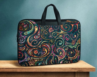 Ethnic abstract laptop sleeve with shoulder strap and handles, ancient tribal styled faux-leather laptop bag, colorful laptop bag for women