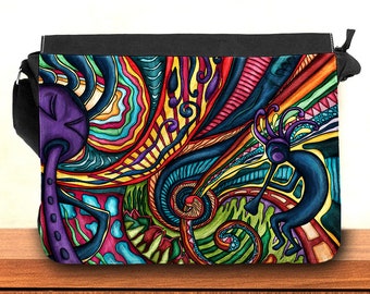 Sac messenger Kokopelli, sac en tissu à bandoulière imprimé peinture musique, sac à rabat interchangeable unisexe au style hippie coloré