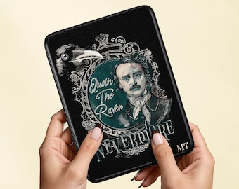 Edgar Allan Poe case for Kindle Paperwhite & Colorsoft 11th - 12th gen, Faux-leather case with hand strap, Gothic raven literary gift