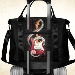 E-Gitarren Reisetasche, Punk Rock Musik Weekender Tasche mit Gurt und Trolley Sleeve, rote und schwarze Vintage Tragetasche für Gitarrist Geschenk