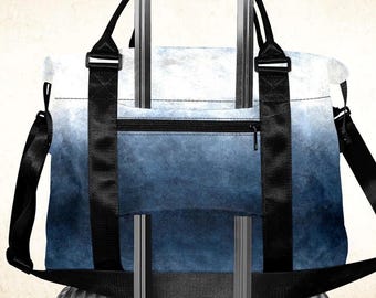 Bolso con funda para carrito azul y blanco, bolso de viaje con asas y correa para carrito, bolso de fin de semana con degradado y funda para equipaje