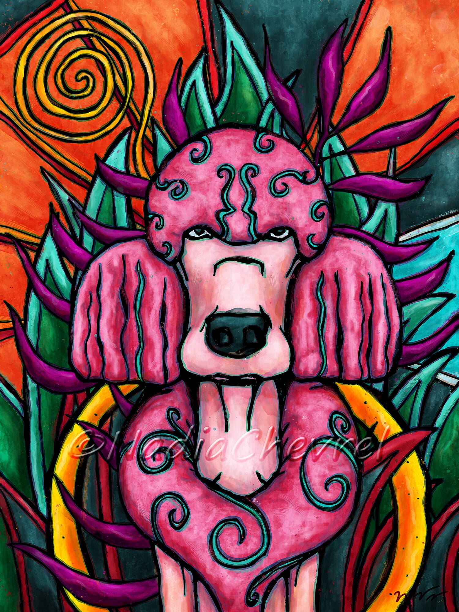 Hot Pink Poodle Art, Funky Pop Art Dog Painting Printed on Canvas 