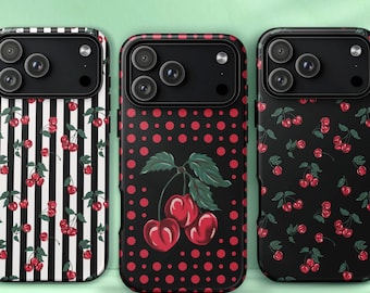 Cherry Phone Case for iPhone 17 to 11, Galaxy S26 to S21 and Pixel series, Red and Black Tough phone case