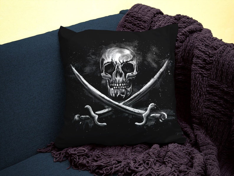 Pirate skull throw pillow cover, punk rock couch accent cushion, decorative goth human skull throw pillow for pirate gifts for men idea image 5