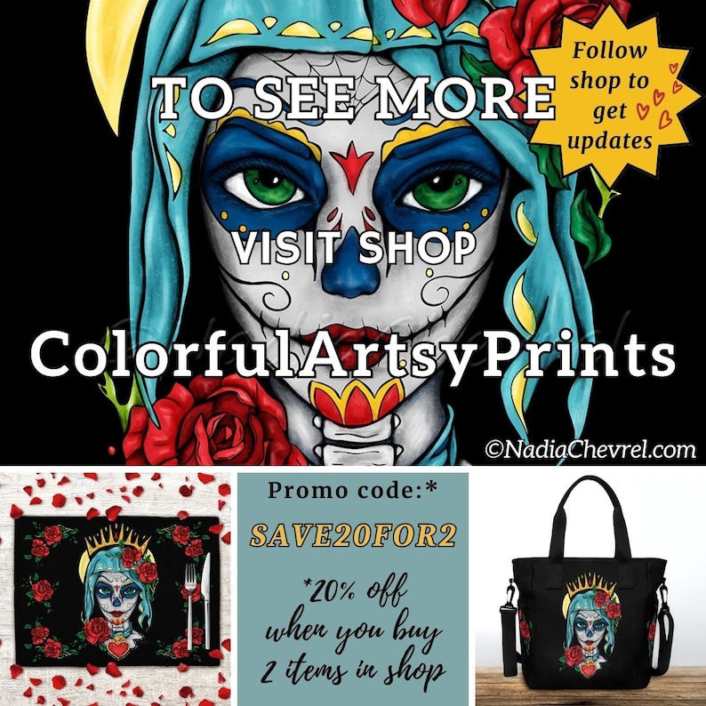 Impression portrait Santa Muerte , affiche jeune fille au maquillage de crâne en sucre, décoration mexicaine colorée pour Dia de los muertos image 9