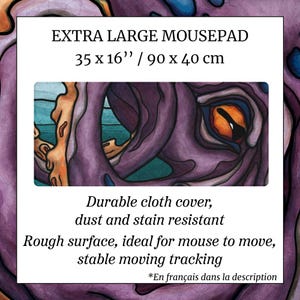 May include: An extra large mousepad measuring 35 x 16 inches with a purple octopus eye graphic. The text reads: EXTRA LARGE MOUSEPAD, 35 x 16'' / 90 x 40 cm, Durable cloth cover, dust and stain resistant, Rough surface, stable moving tracking.