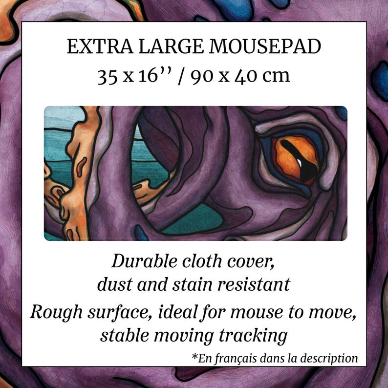 May include: An extra large mousepad measuring 35 x 16 inches with a purple octopus eye graphic. The text reads: EXTRA LARGE MOUSEPAD, 35 x 16'' / 90 x 40 cm, Durable cloth cover, dust and stain resistant, Rough surface, stable moving tracking.