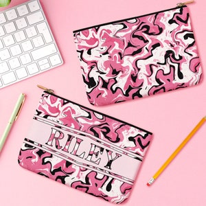 Pochette rose noire et blanche à glissière, pochettes personnalisées pour accessoires en toile, petit organisateur de sac à main pour cadeau adolescente