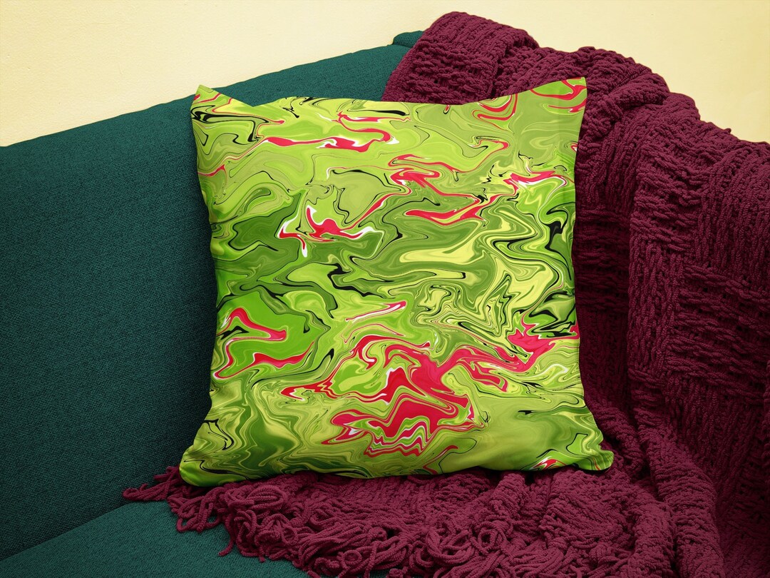 Lime Green and Red Pillow Cover, Liquid Marble Chartreuse Throw Pillow