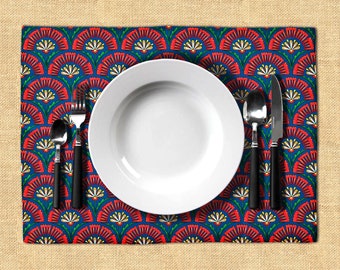 Set de table motif en éventail japonais bleu, sets imprimés fleuri géométrique pour décor de salle à manger, sets en tissu par 1, 2, 4 ou 6