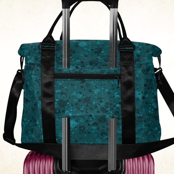 Dark teal trolley sleeve tote, large nylon weekender bag with sleeve for suitcase handle, lightweight luggage with artistic paint pattern