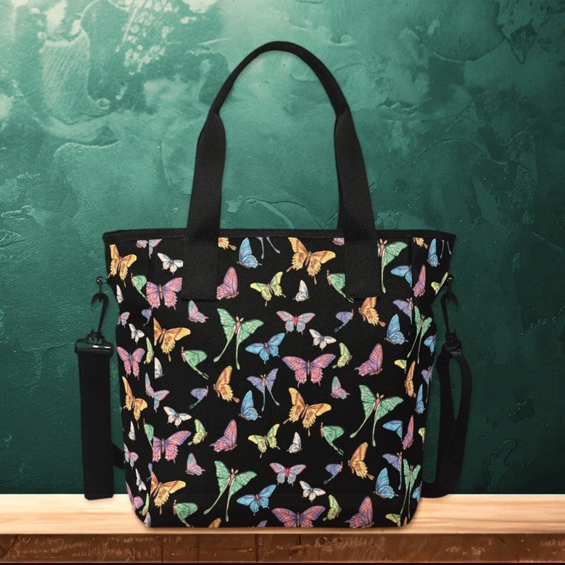 Colorful Butterfly Bag, Black Nylon Totebag With Zipper Handles and
